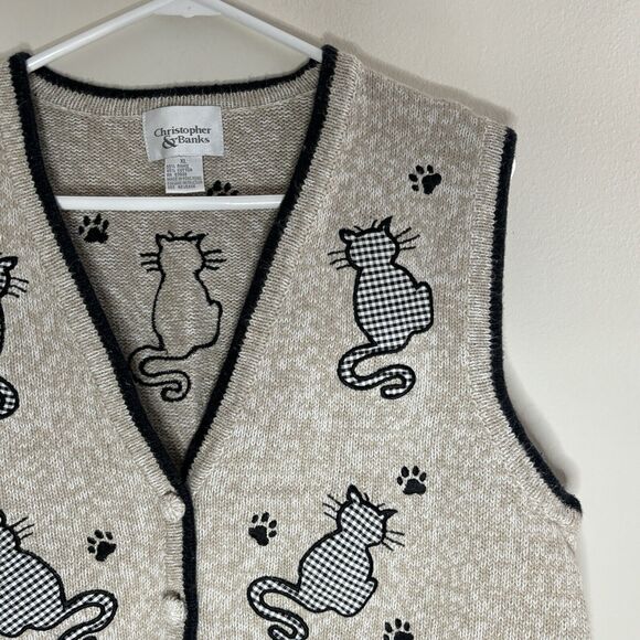Christopher Banks Tan & Black Cat Embroidered Sweater Vest Women’s Size XL - Picture 2 of 8